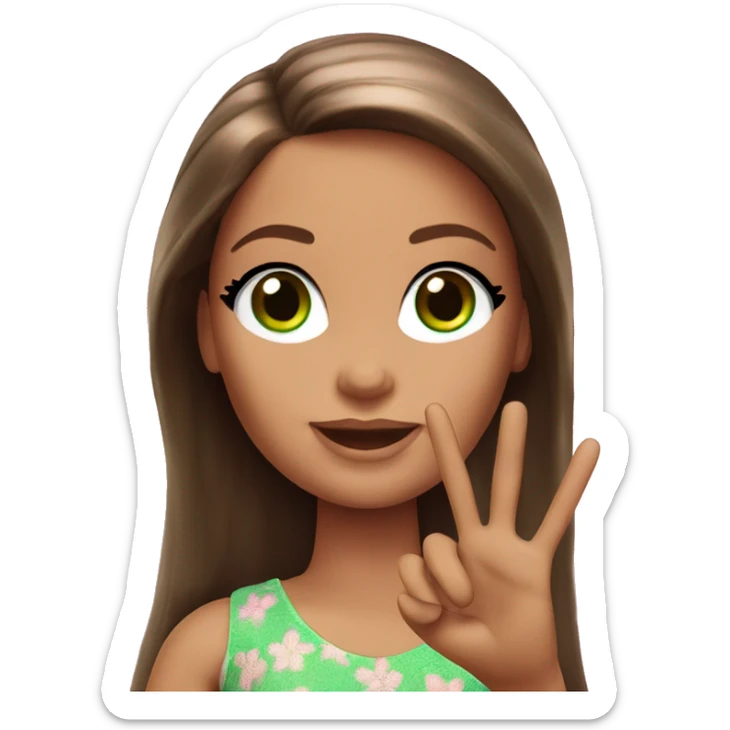 Barbie long brown hair green eyes giving a peace sign sticker