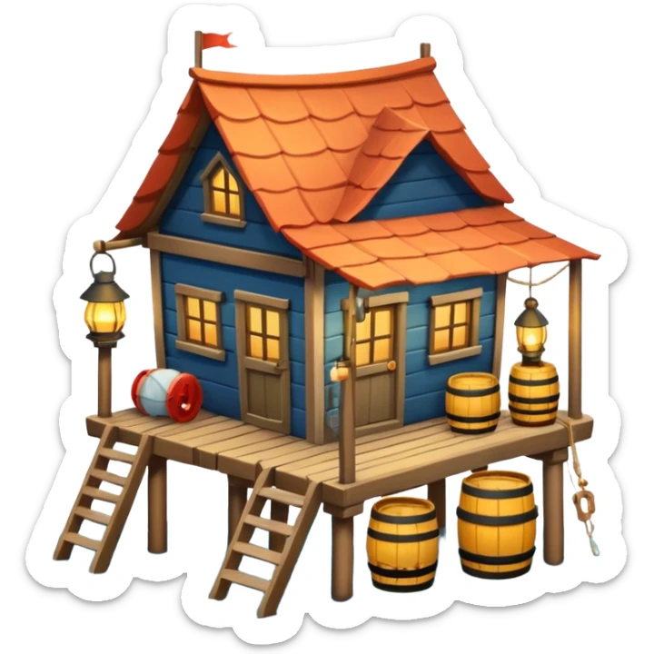 
fisherman house on a wooden pier, small dock, fishing nets hanging, barrels, lantern, ocean vibe, 3D cartoon, cute mobile game icon, clean background, no text
 sticker