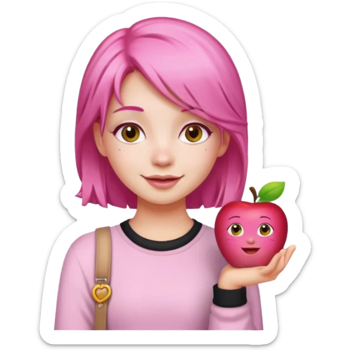 cute pink haired girl with cheerful pose and cute accessories. apple emoji style sticker