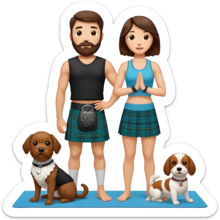 emoji of brunette man with beard wearing kilt, brunette woman in yoga outfit and white cockapoo dog sticker