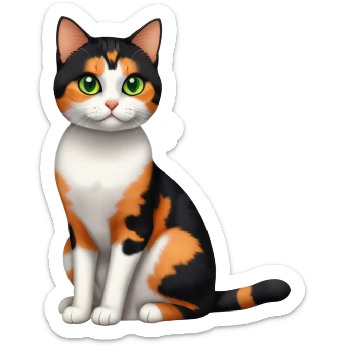 American shorthair calico cat with big green eyes and black fur on the right side of their face and orange on the left side sitting down sticker