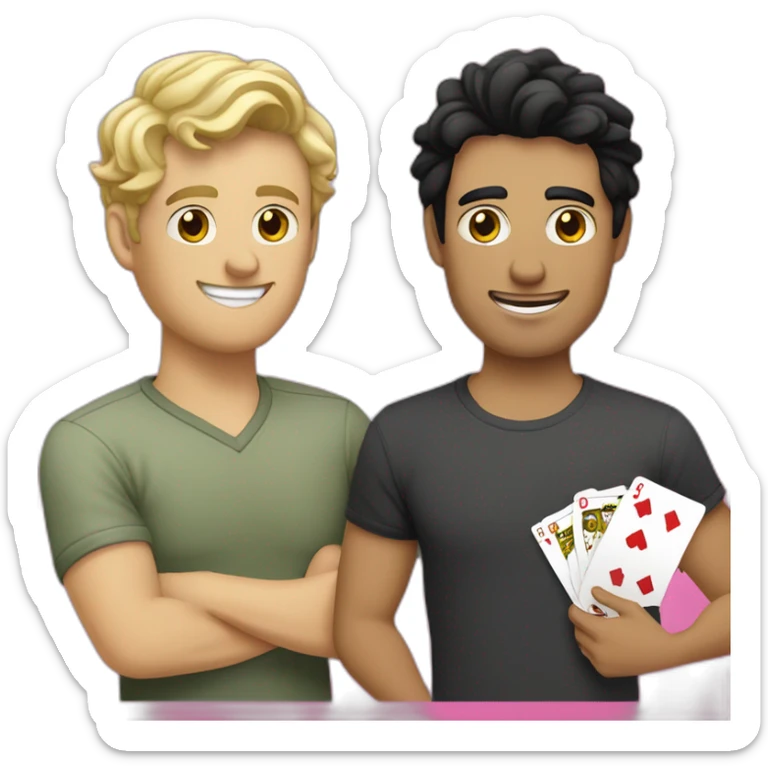 Gay couple, 1 guy Latino black straight black hair and 1 Australian white guy with blonde slightly curly hair playing cards sticker