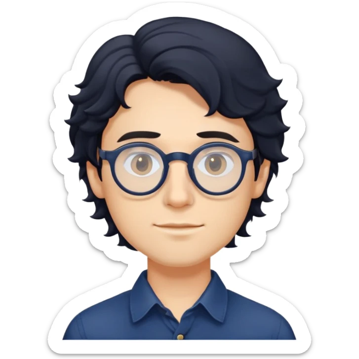 Upper body only of young caucasian man with longer wavy black hair, round glasses, wearing comfortable dark blue buttoned shirt sticker