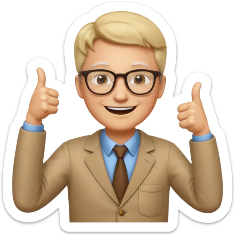 un PROFESOR que este parado con sus lentes guiñando el ojo y CON LAS MANOS HACIA ARRIBA DANDO LIKE sticker