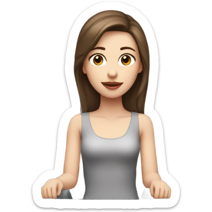 Pretty girl with brown hair, brown eyes, pale skin and pink lips  is sitting on a desk with a computer sticker