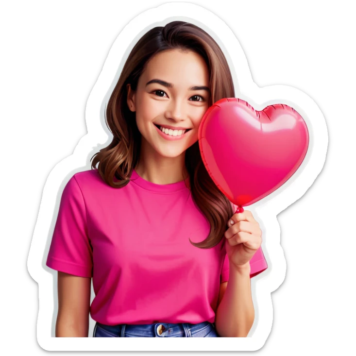 a woman smiling wearing pink shirt holding a heart shaped balloon sticker
