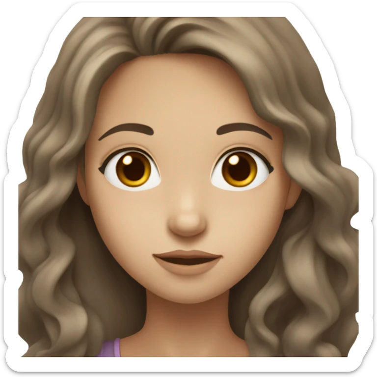 Girl whit brown eyes, white skin, and wavy and brown hair and a long hair sticker