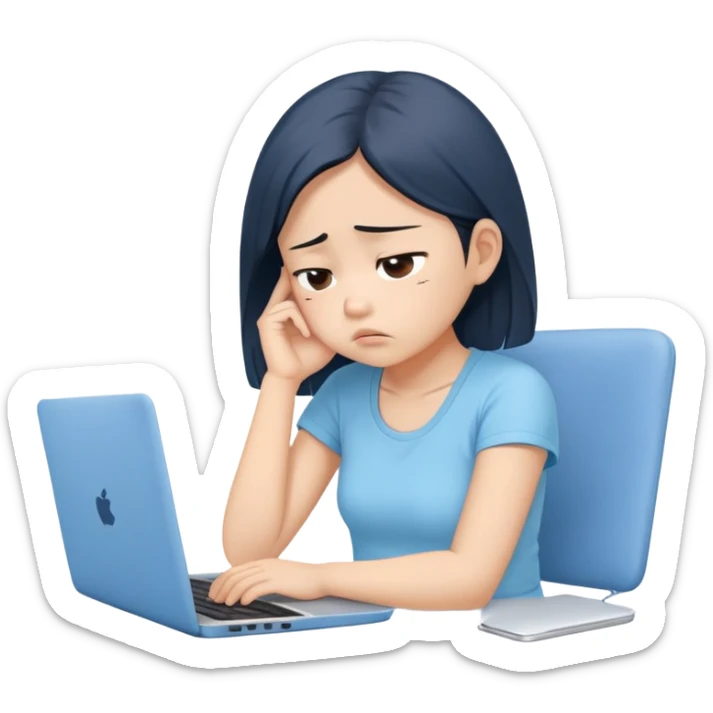 Create an emoji of a tired girl of Asian descent in a baby blue top, sitting at a laptop, looking exhausted and frustrated. They have slouched posture, representing overwork and burnout. sticker