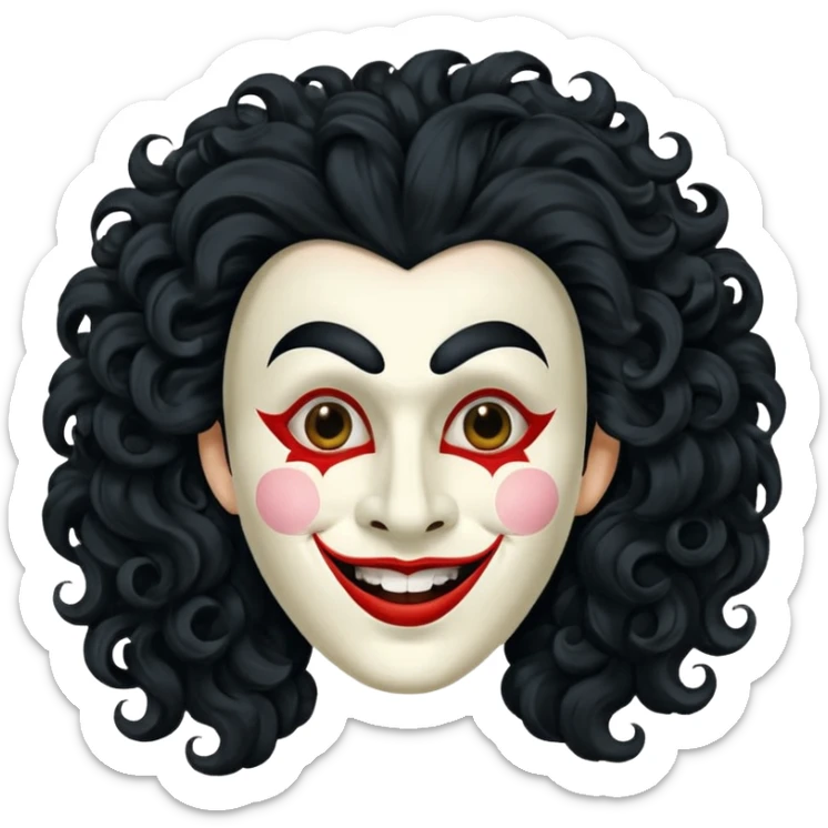generate theatre mask emoji with a big curly black hair 

wide black smile, long and pointy white nose sticker