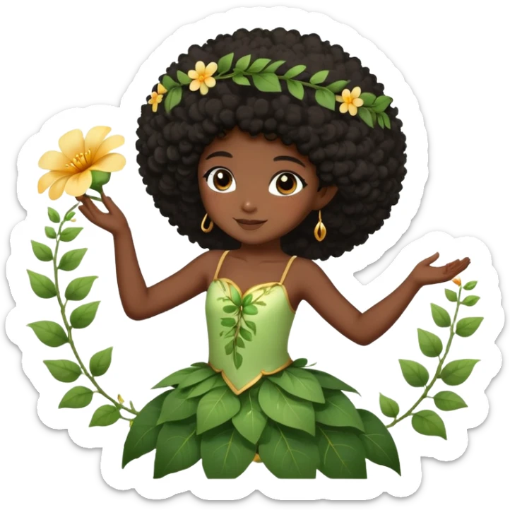 Dreamy nature fairy with brown eyes Afro black hair dark skin touching a flower vine dancing sticker