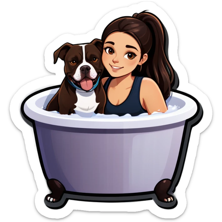 Beautiful young girl just slightly overweight with long dark choppy hair cascading over her shoulders holding her black iPhone with her medium brown dog with an under bath. It looks like a pitbull laying beside her. sticker