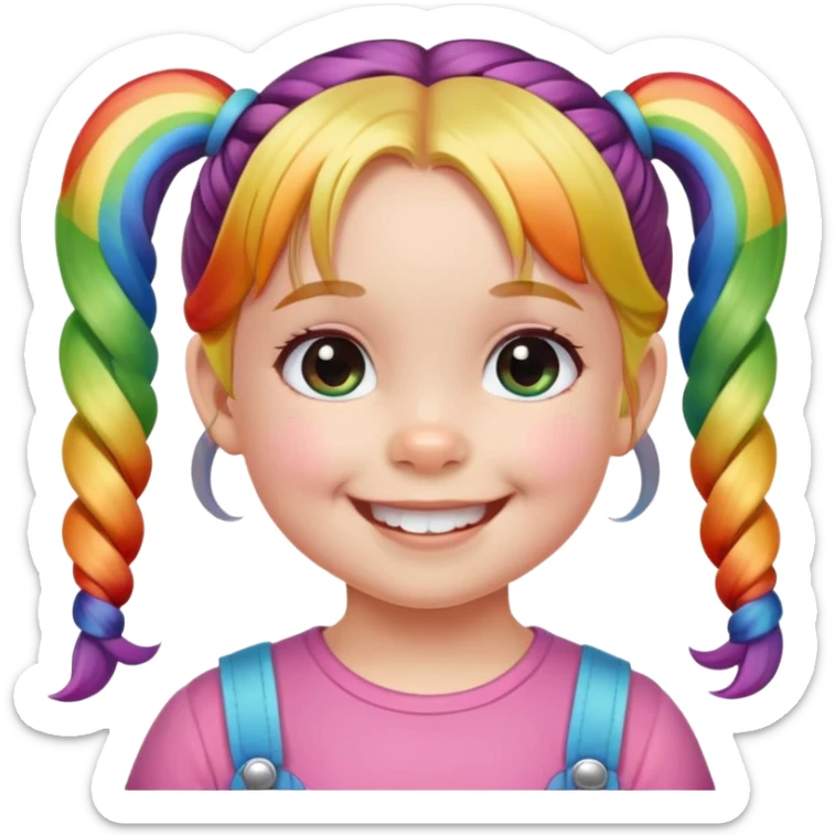 Toddler girl with smiling, with two pigtails and a hairpin with a rainbow on it  sticker