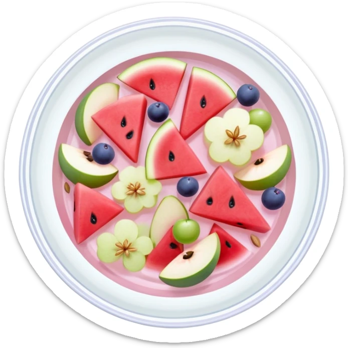 A clear glass bowl filled with light pink sweet liquid, floating slices of watermelon, pear, apple, grapes, pine nuts, and pastel flower petals on top, viewed from above sticker