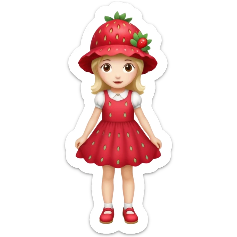 Strawberry shortcake human girl full body and legs with a strawberry hat on her hair and dress without a cake sticker