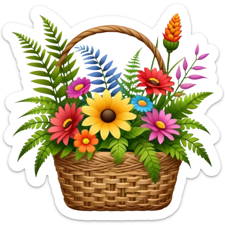 Icon for Floristry: a bouquet of flowers in a woven basket, with reeds, ferns and floral arranging tools nearby like scissors and a flower stem. The icon should represent creativity in flower design and arranging. Transparent background. sticker