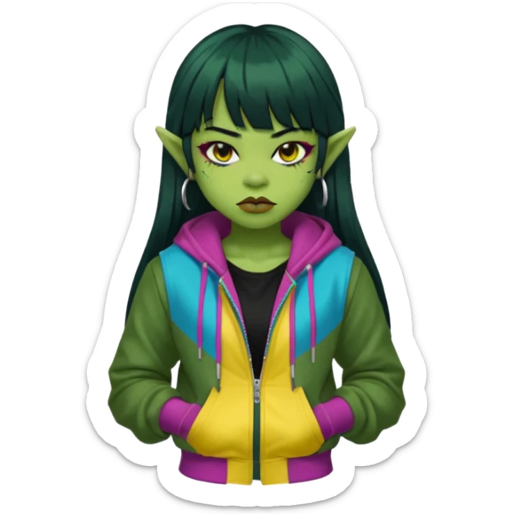  portrait-of-a-orc-k-pop-idol,-wearing-a-stylish-streetwear-outfit-with-layered-colorful-clothing,-long-hair-with-bangs,-makeup,- sticker
