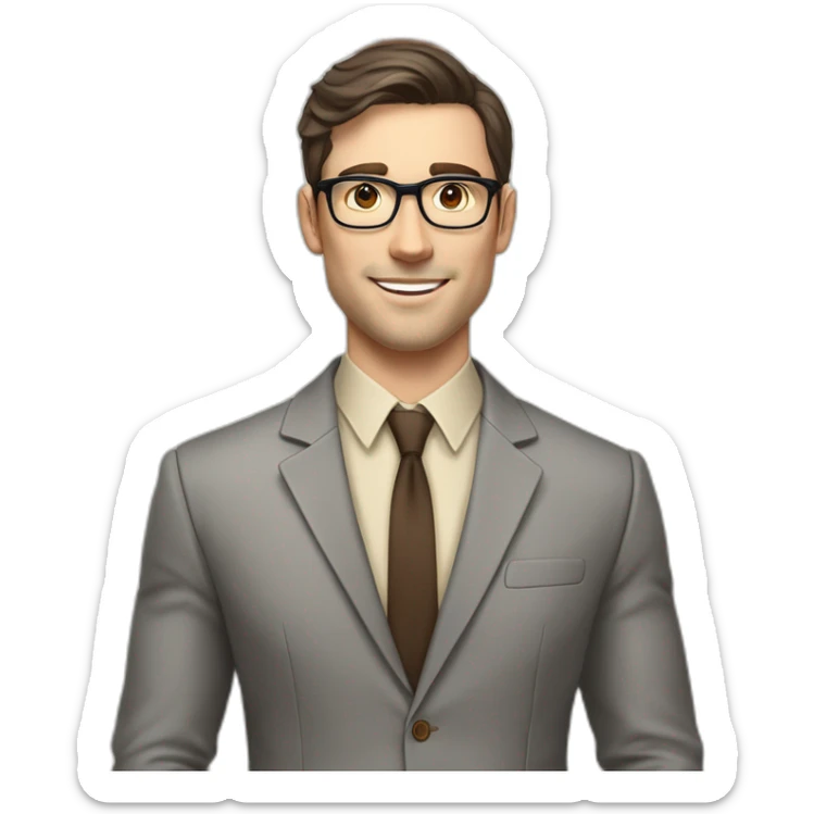 Pale skinned fit man with dark brown hair in gray jacket, beige office shirt, brown tie, brown pants and vintage glasses Writing on the marker board sticker