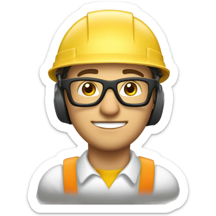 Caucasian man wearing a safety helmet, safety glasses and earplugs sticker