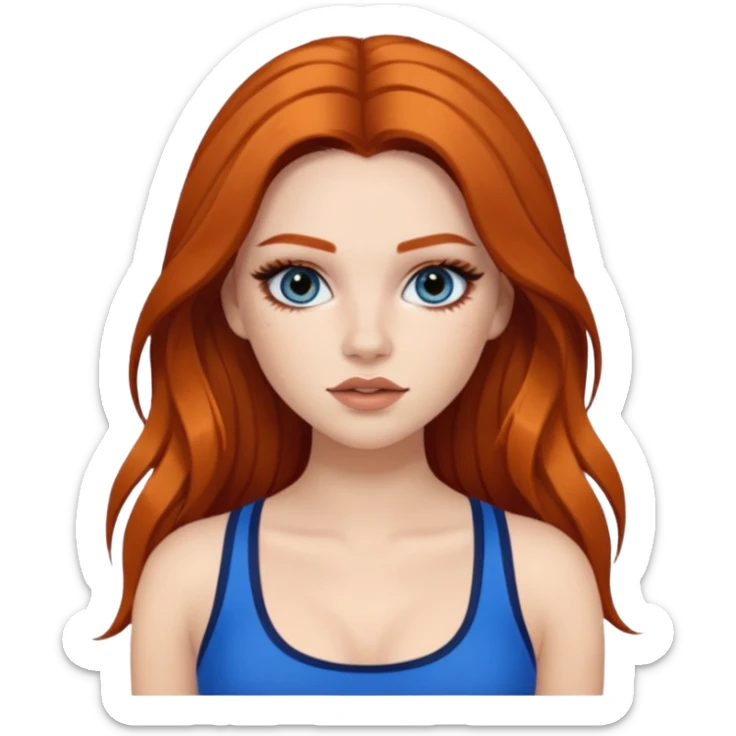 Pale girl with long black/brown hair with ginger streaks,wearing fake lashes,latina baddie makeup and a blue crop top sticker