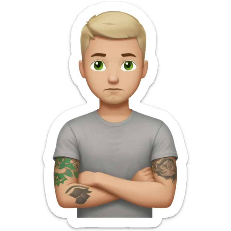 White young man with short dark taper fade hair cut and slight goatee and neutral expression with his arms folded. Green eyes and arm tattoos sticker