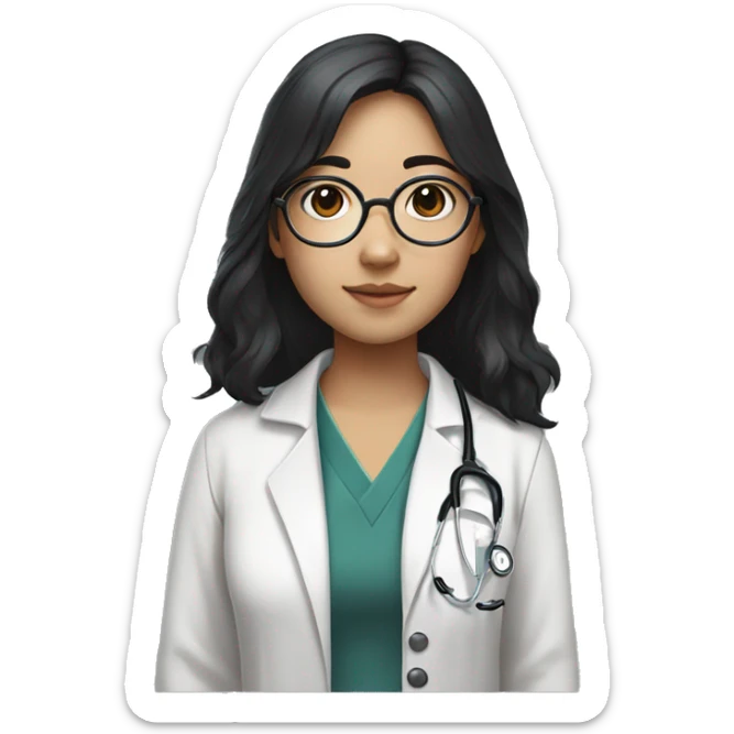 Asian girl, with white skin tone, black hair, wearing silver round harry potter glasses and a white scrub and a stethoscope  sticker