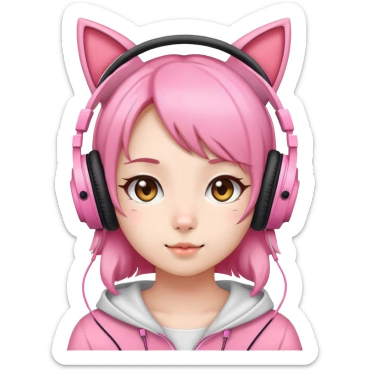 Cute Japanese girl wearing pink cat ear headphones sticker