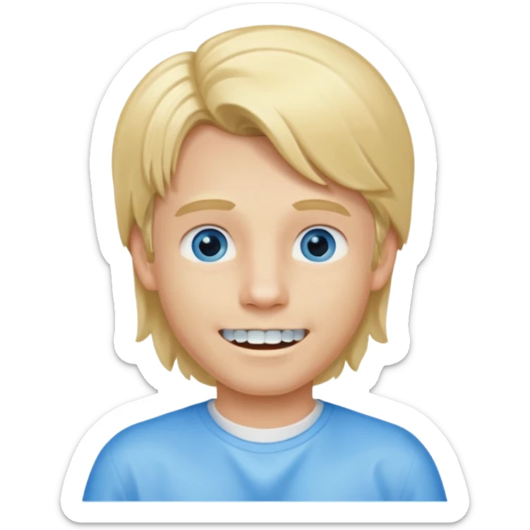Blond boy with long hair in tail of low blue eyes and dental appliance sticker