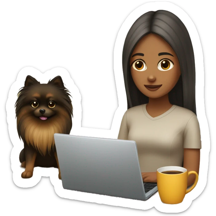 girl with long hair working on laptop, while her black-and-tan pomeranian is next to her sticker