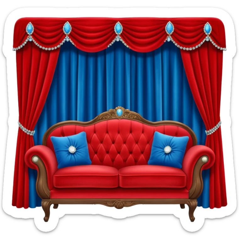 Vintage velvet red red sofa with rhinestone buttons and blue curtains in the background sofa with rhinestones buttons sticker