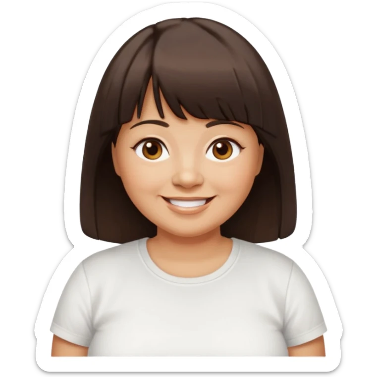 middle aged woman with tan skin, long dark brown hair with blunt cut bangs, chubby face, brown eyes, smiling without teeth showing, white tee shirt sticker