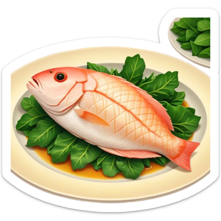 Cinematic fresh snapper fillet, pan-seared to golden perfection, soft and flaky texture, resting on a bed of sautéed greens, warm glowing background, refined and elegant. sticker