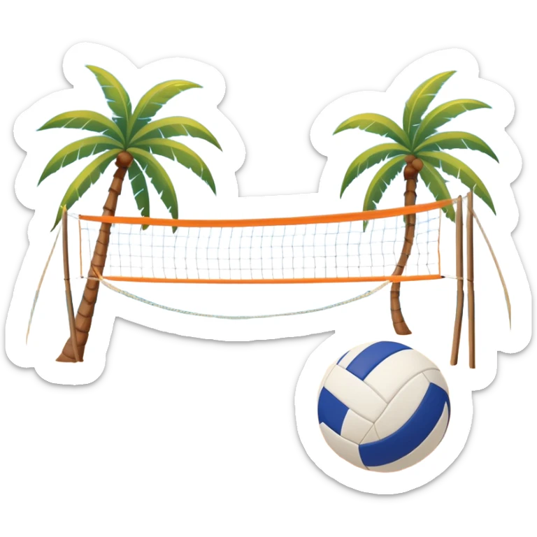 A volleyball resting on the orange sand of a beach, with a volleyball net in the background. The scene captures a sunny beach atmosphere with clear blue sea and sky, palm trees swaying, and people in swimsuits enjoying the vibrant surroundings sticker