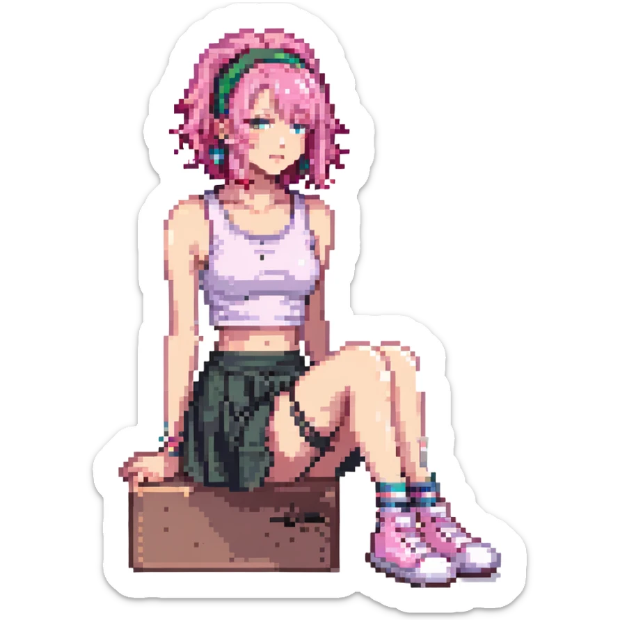 A girl with pink hair, wearing a skirt, sitting sideways on her leg, wearing a crop top, monochromatic sticker