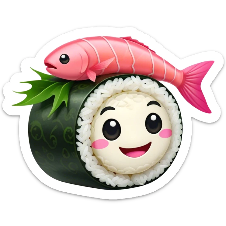 Cute Kawaii Maki Sushi Roll, small and round, wrapped in soft dark green seaweed, tiny grains of rice peeking out, a bright pink fish filling, a cheerful smiling face! sticker