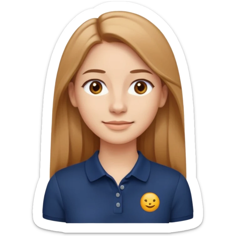 emoji-style cartoon avatar of a young woman with long straight light brown hair parted in the middle, fair skin, gentle smile, brown eyes, wearing a dark navy blue polo shirt, small hoop earrings, clean minimal style, neutral background, warm and confident expression sticker