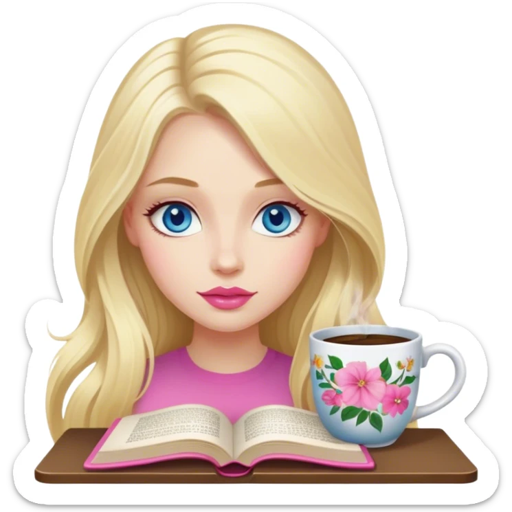 A cinematic, realistic blonde with long hair, blue eyes, and pink lips is sitting in a cozy atmosphere, reading a book, and there is a mug of floral coffee on the table next to it sticker