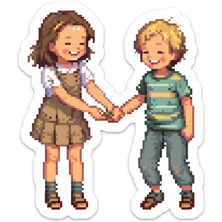 A girl smiling and standing near a little boy, he is on the floor laughing, she wiggling her toes between his thighs tickling him sticker