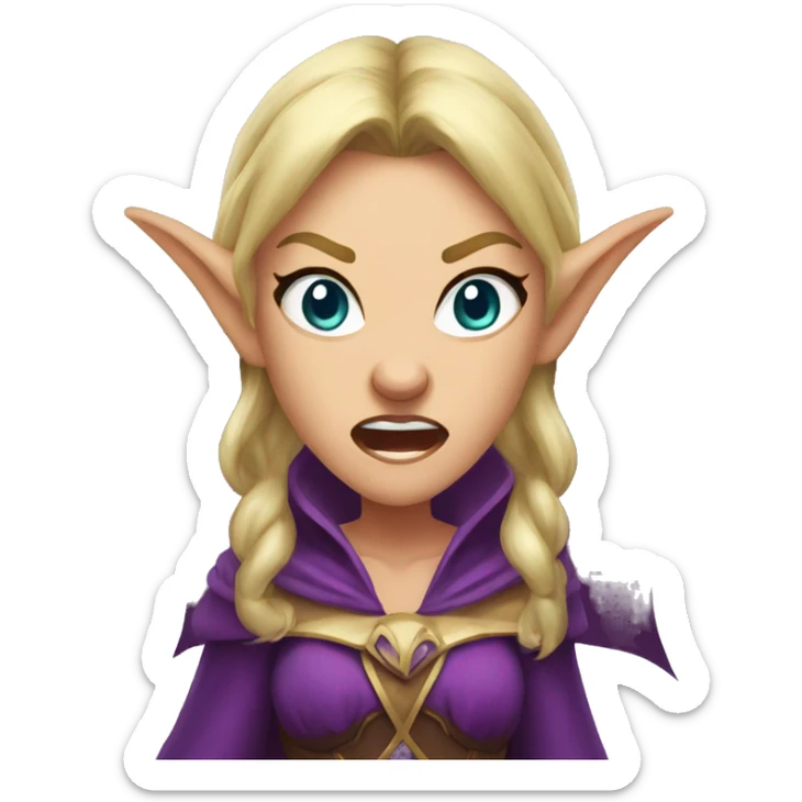 enraged angry, Noble female Elf with Elf ears and blonde hair and purple robes sticker