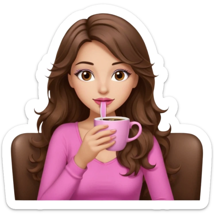 girl with long wavy brown hair, brown eyes, light to medium complexion, in a pink sexy top, pink lips, long lashes sipping coffee sticker
