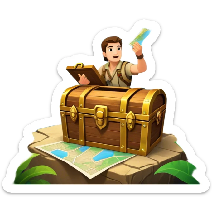 Icon for Adventure Movie: A vibrant, cinematic poster-style design featuring an action-packed scene. Include an adventurer with a map, a treasure chest, a jungle background, a towering mountain, and ancient ruins. Bright colors, bold typography, and an exciting atmosphere. Transparent background. sticker