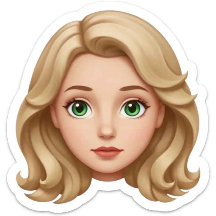 Generate an emoji of a white girl with a round face structure, light brown almost blonde loose curls, large forehead, brown arched brows, almond big green eyes with a lil blue in them, large rosy cheekbones and big rosy lips and a jawline sticker