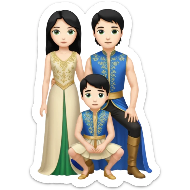 prince, standing upright, black Hair, blue eyes, garment,  woman, bending knee, white sleveless dress, blonde hair, green eyes, sticker