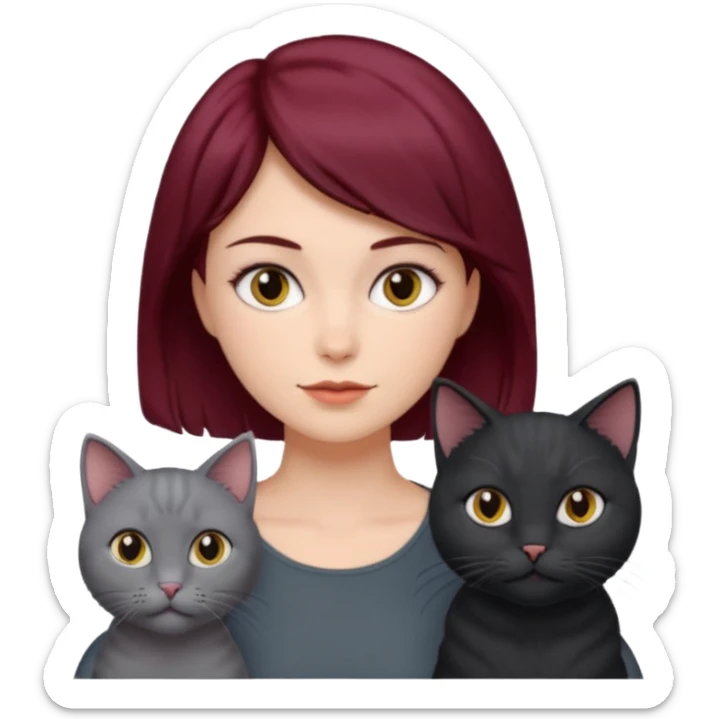 femme au cheveux court bordeau avec chat poils longs gris et chat poils ras noirs sticker
