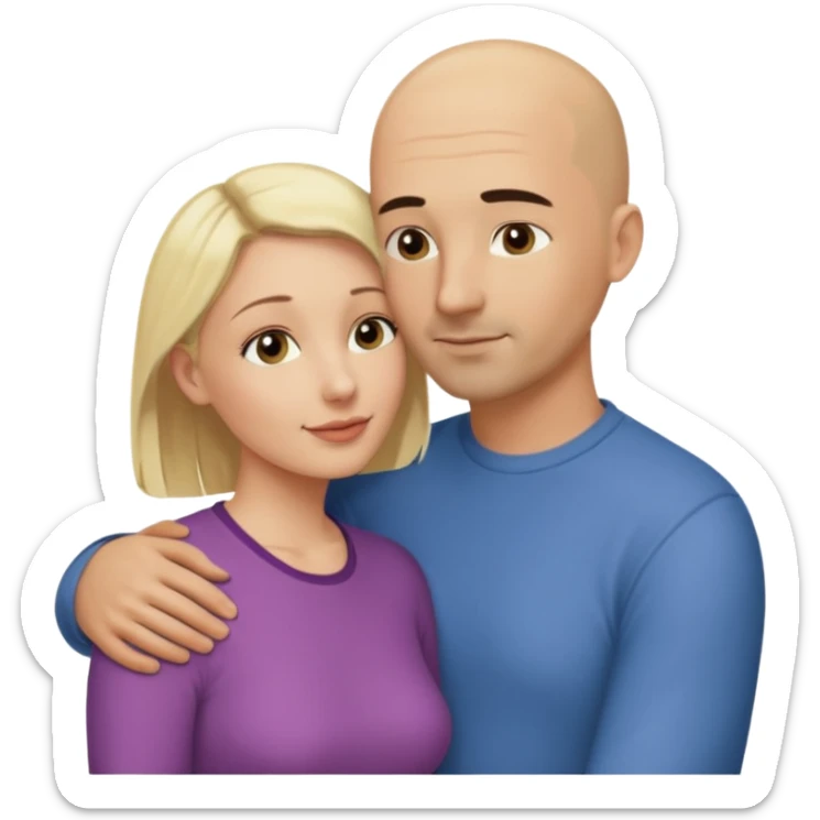 The image of a couple in their thirties tenderly embracing. In casual attire. He is bald, with a few days' black stubble. She is a head shorter than him, and blonde. They embrace in a loving embrace, facing each other. sticker