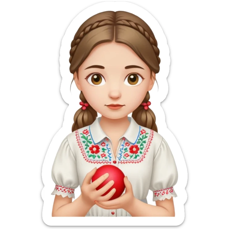 A young Ukrainian girl in a white embroidered shirt holds a ball of thread in her hand sticker