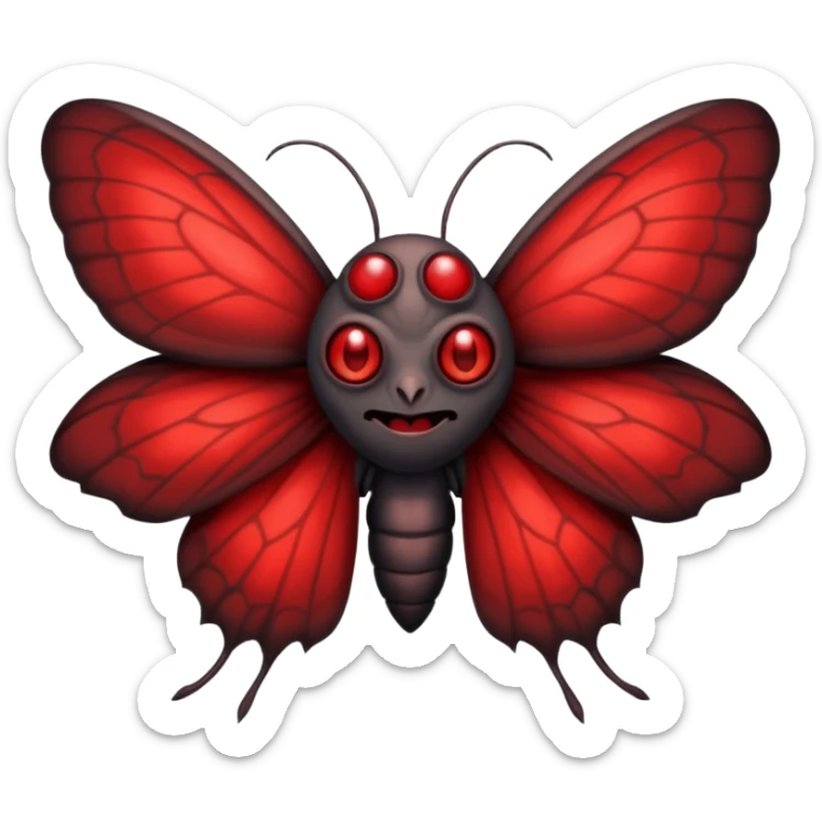 Create a scary emoji of the mothman with bright red eyes and as depicted in the legend. Make it less bird like and more Moth / Human hybrid sticker