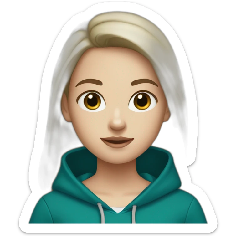 White Girl with darkbrown hair and blue eyes wearing darkgreen Hoodie sticker