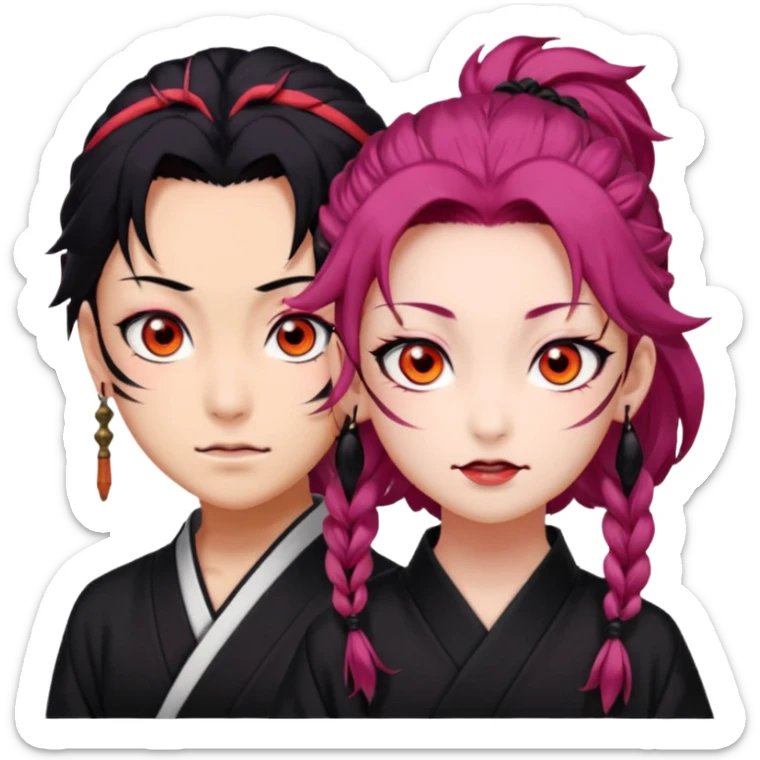 tanjiro: Kind red eyes, black hair with burgundy tips, forehead scar, tanned skin, Hanafuda earrings.                             nezuko:   Pink eyes, black-orange hair, fangs, bamboo muzzle. sticker