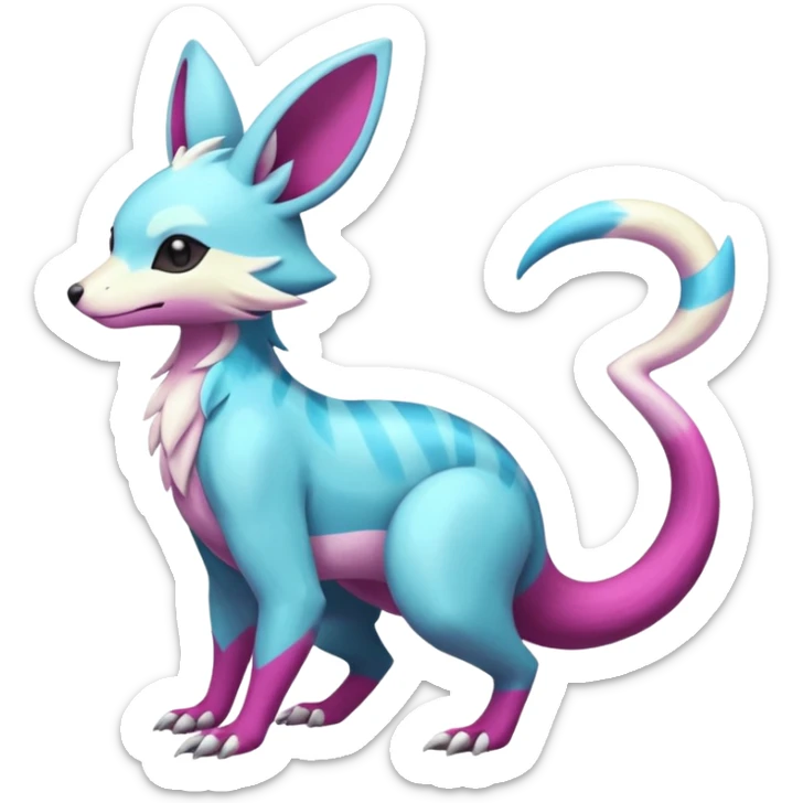 realistic Shiny smooth silky soft Cyan-Yellowish-Magenta Minccino-Zeraora-Emolga-Vernid-Sergal-fusion-hybrid-animal-creature, full body sticker