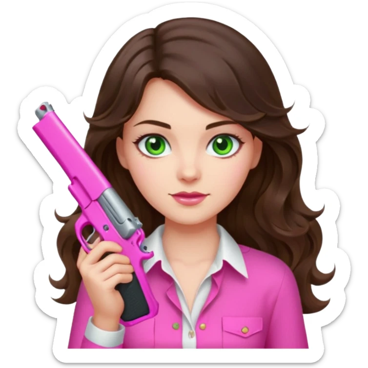 brunette girl with long wavy hair and green eyes and white and pink shirt holding a hot pink gun sticker